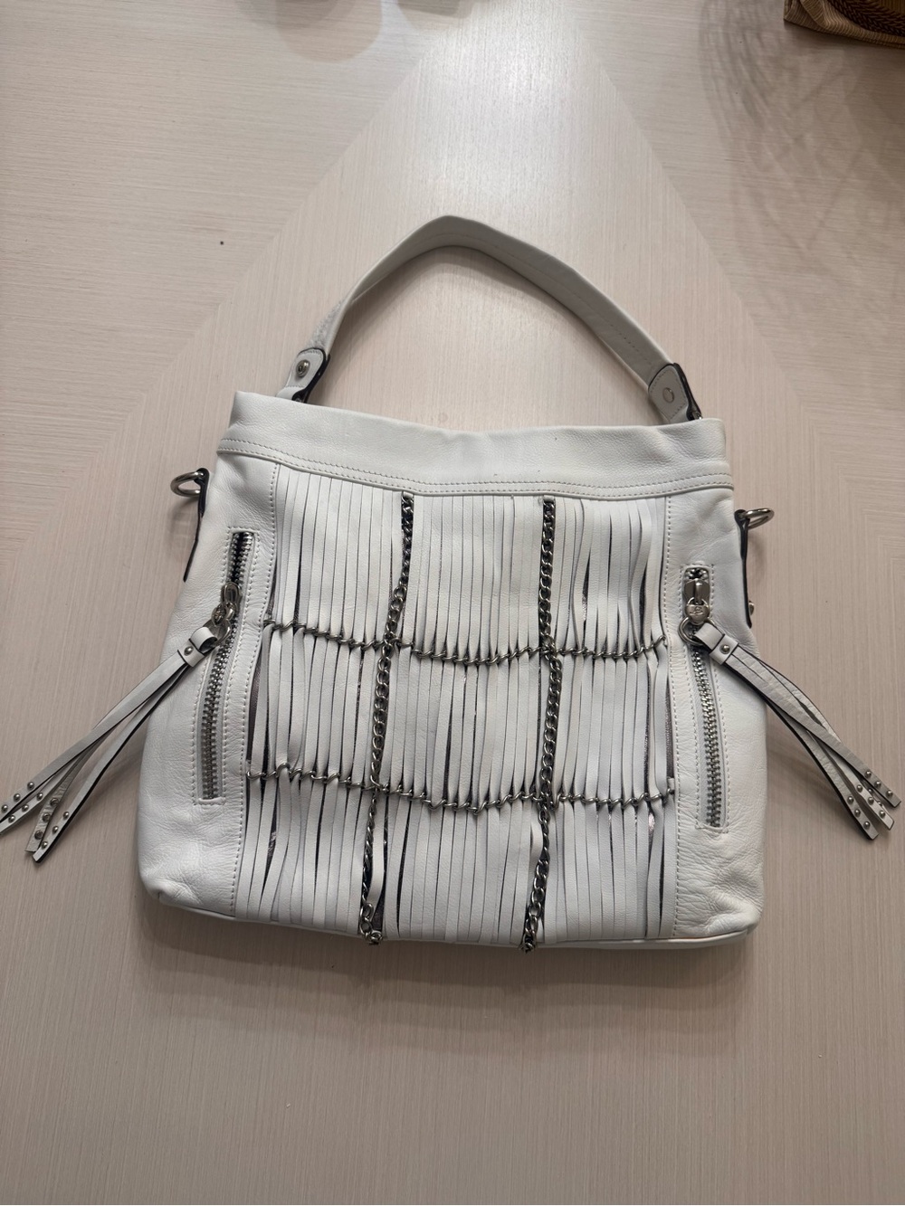 B. Makowsky Alexis White Leather Fringe Chain Hobo Shoulder Bag Large
